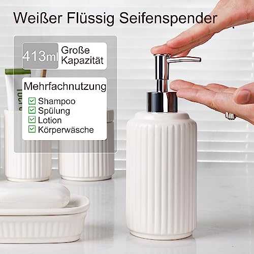 NOVAJOY Badezimmer Set Keramik – 5 Teile, Badezimmer Organizer mit Seifenspender, Seifenschale, Zahnbürstenhalter, Wattestäbchen Kanister, Hochwertiges Badezimmer Deko Set (Beige Weiß)