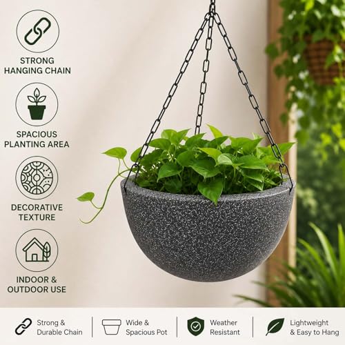 Image of Go Hooked Henri Hanging Planter Pot for Indoor & Outdoor Plants Pack of 10 | 7 Inch Plastic Hanging Pots with Metal Chain | Decorative Round Hanging Planter for Balcony, Garden & Home Decor (Grey)
