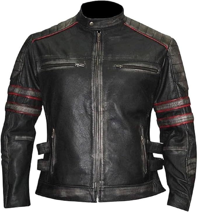 Men's Distressed Black Leather Motorcycle Jacket Vintage Biker Cafe Racer Style with Racing Stripes