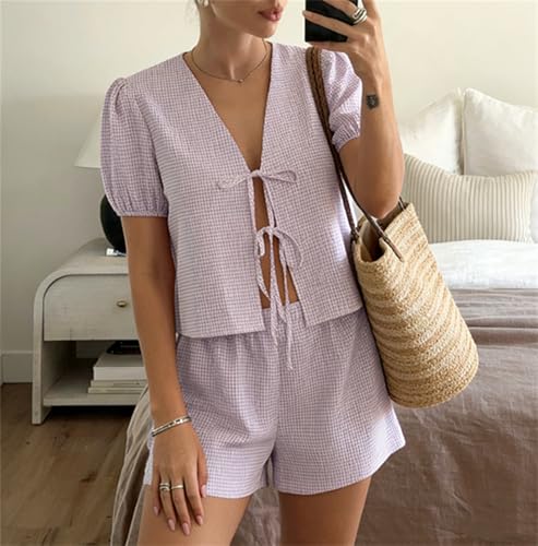 Image of Yuemengxuan Women Y2k Two Piece Plaid Lounge Sets Puff Sleeve Tie front Blouse Top High Waist Shorts Casual Pajamas Sets