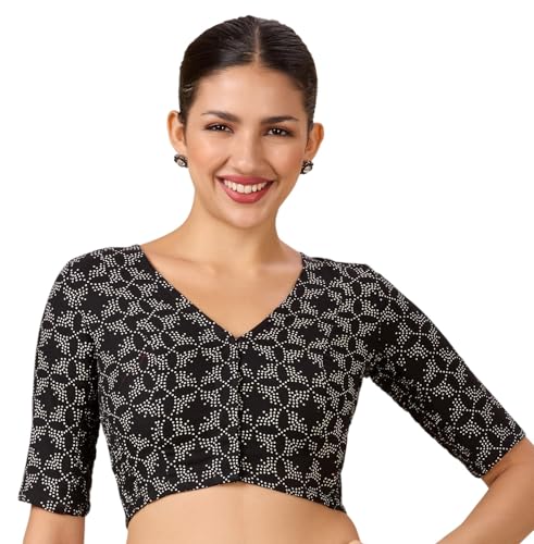 Image of Studio Shringaar Women Cotton Half Sleeve Printed Stretchable(Smocked)Readymade Saree Blouse