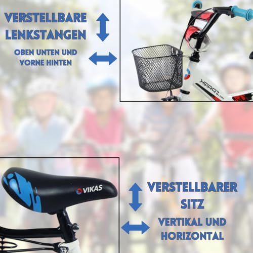 VIKAS Kinderfahrrad Fahrrad Kinder Ab 3 Bis 6 Jahre Mit Stützrädern Abnehmbarer Schubstange Fahrradklingel 16 Zoll Radgröße Korb Für Junge Spark Weiß Rot Blau – Bild 6