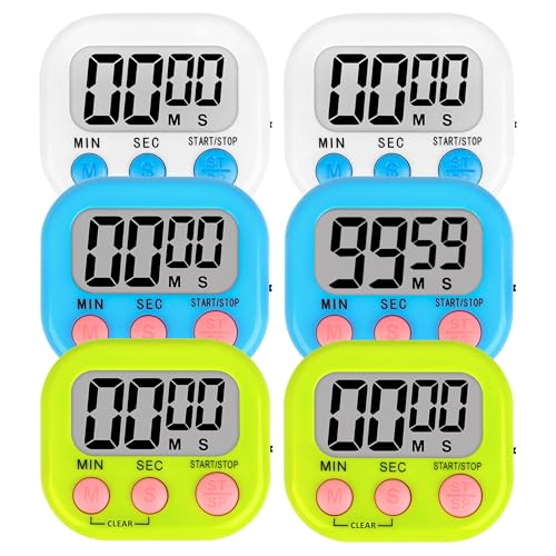 ZILLEEN 6 Pack Kitchen Timers for Cooking Digital Classroom Timers for Teachers Kids White Blue Green
