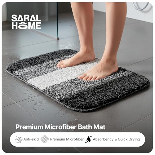 Image of SARAL HOME EASY LIVING Microfiber Striped Rectangle Shaped Anti-Skid Bath Mats | Soft & Super Absorbent Mats for Shower | Washable, Non-Slip & Quick-Drying Mats, 35x50 CM | Pack of 2 (Black)