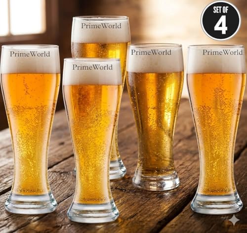 Image of PrimeWorld European Weizen Beer Glass Set of 4 (450 ml) - Premium Clear Craft Beer & Pilsner Glasses, Stylish Cocktail Cups, Ideal Gift for Men