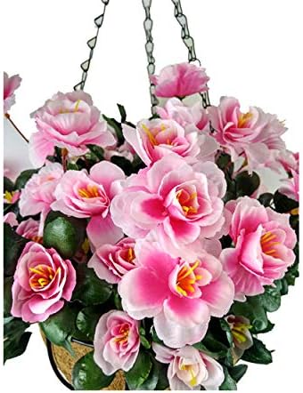 Indoors and Outdoors Silk Pink Flowers Chain Hanging Basket with Flowerpot Fake Rhododendron DIY Artificial Flowers Azalea (Big Basket)
