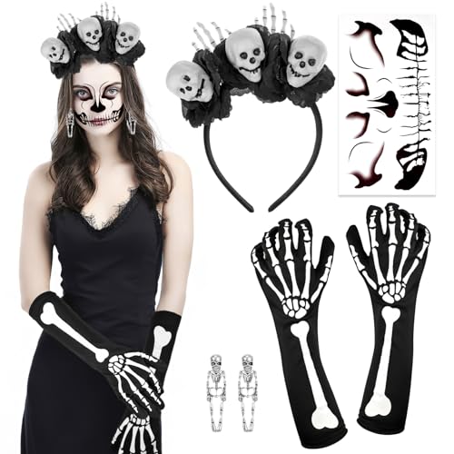 HOWAF Halloween kostium Dia De Los Muertos opaska do włosów, na Halloween, opaska na włosy, kwiaty, róża dzień zmarłych, tatuaż na Halloween, szkieletowe rękawiczki, kolczyki do kostiumu Dia De Los