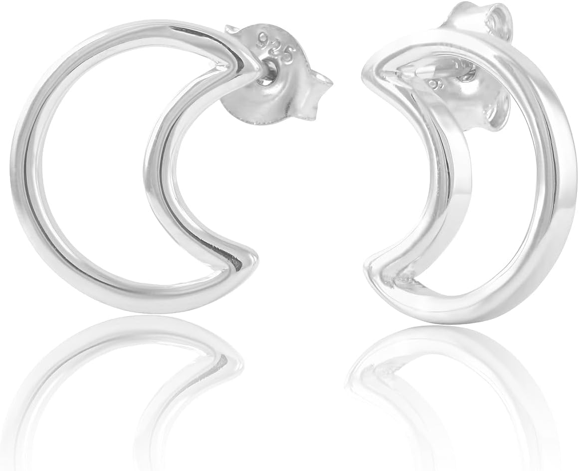 Rhodium Plated Sterling Silver Ladies Half Moon Stud Earrings - Gifts for Mom Wife Girlfriend