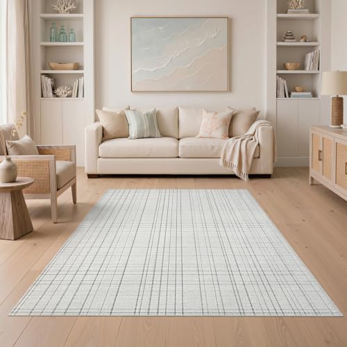ODIKA Flatwoven High Traffic Area Rug 5x7, Abstract Linear Pattern Area Rug in Grey, Non Slip, Stain Resistant, Washable Area Rugs for Living Room, Bedroom (White, 5x7)