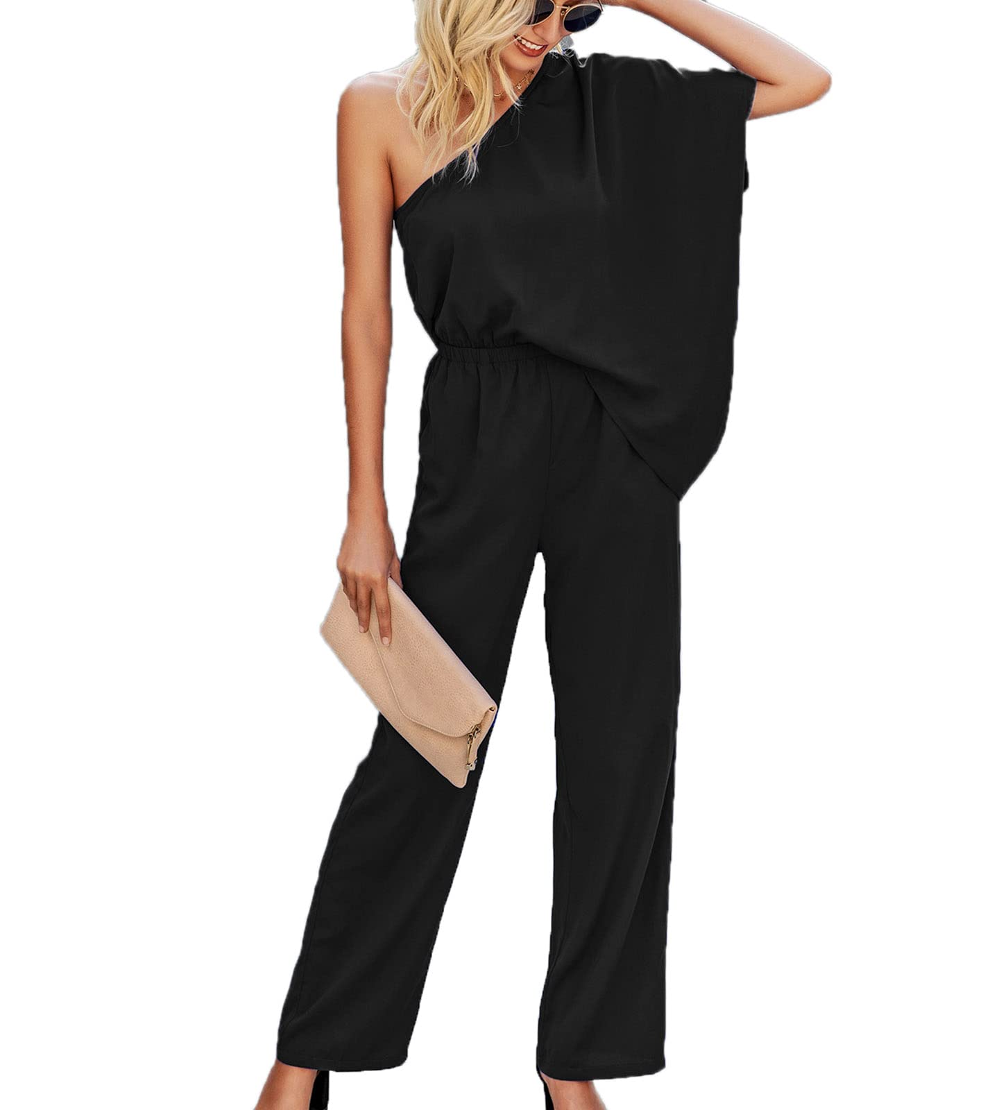 Women One Shoulder Jumpsuits Off Shoulder Playsuits Summer Loose Elastic Waist Rompers