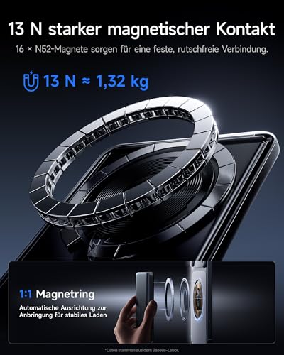 Baseus Picogo AM52 Power Bank, Qi2.2 Magsafe Powerbank 10000mAh, 25W Wireless, PD 45W Schnellladung, Integriertes USB C Kabel, Magnetische Externe Batterie Slim für iPhone 17/16/15/14/13/12, Schwarz 5