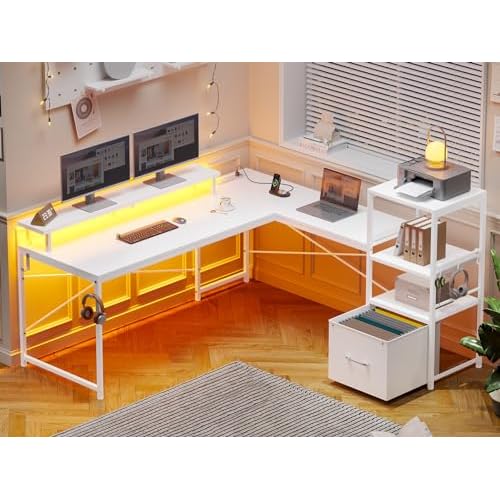 SEDETA White L Shaped Desk with Fabric Drawer, Reversible 51” Corner Desk with Storage Shelves, L Shaped Gaming Table with LED Strip, Power Outlet a