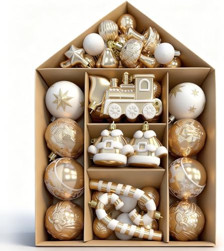 Ornaments for Christmas Trees,74 Count Gold Christmas Tree Decorations, Shatterproof Plastic Hanging Bulbs Decorations Set for Xmas Holiday Party