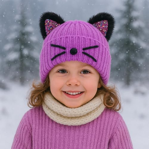 Kids Cat Ears Knitted Beanie Winter Hat Ski Cap for Girls 3-8 Years Old2