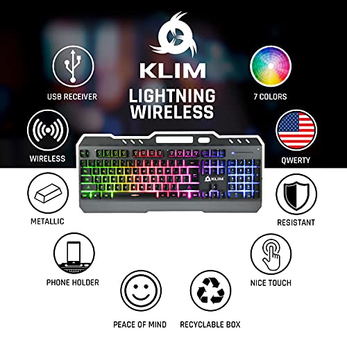Klim Lightning Wireless Keyboard Us New 2022 + Metal Frame And Durable Keys + Mechanical Feel Keyboard For Pc Ps4 Ps5 + 5-Year Warranty + Wireless Gaming Keyboard With Bright Rainbow Backlighting #TOP3