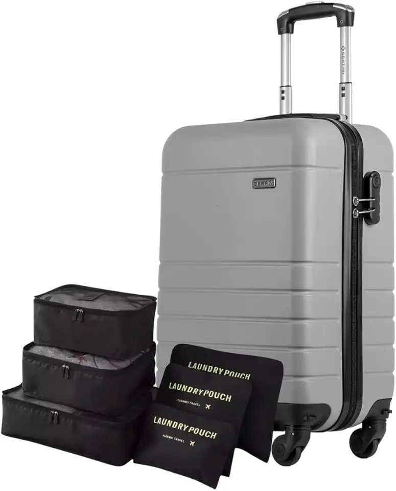 Mala Bordo 10kg, Padrão ANAC, Cadeado Embutido, Rodas Removíveis + Kit Organizador Necessaire 6 pçs p/Calçados, Meias e Calcinhas - Bagagem de Viagem Sestini (Classic Prata)