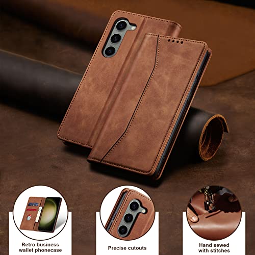 Image of Jasonyu Flip Wallet Case for Samsung Galaxy S23 5G,Leather Magnetic Folio Cover with Card Holder,Kickstand - TPU Shockproof Durable Protective Phone Case,Brown