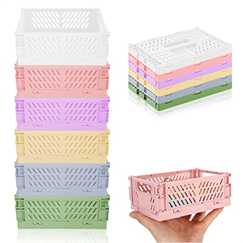 Lighterday 6pcs Collapsible Crates Storage Boxes,Plastic Stackable Storage Baskets,Small Foldable Basket Storage Organiser Box for Office Bedroom Kitchen Drawer Bathroom Toy