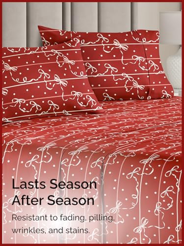 Queen Christmas Ribbon Sheet Set - Holiday Xmas Pattern Bedding Set - Deep Pockets - Snug Fit - 4 Piece - Wrinkle Free & Easy Care - Comfy Festive Winter - Holiday Sheets for Women, Men, Kids & Teens