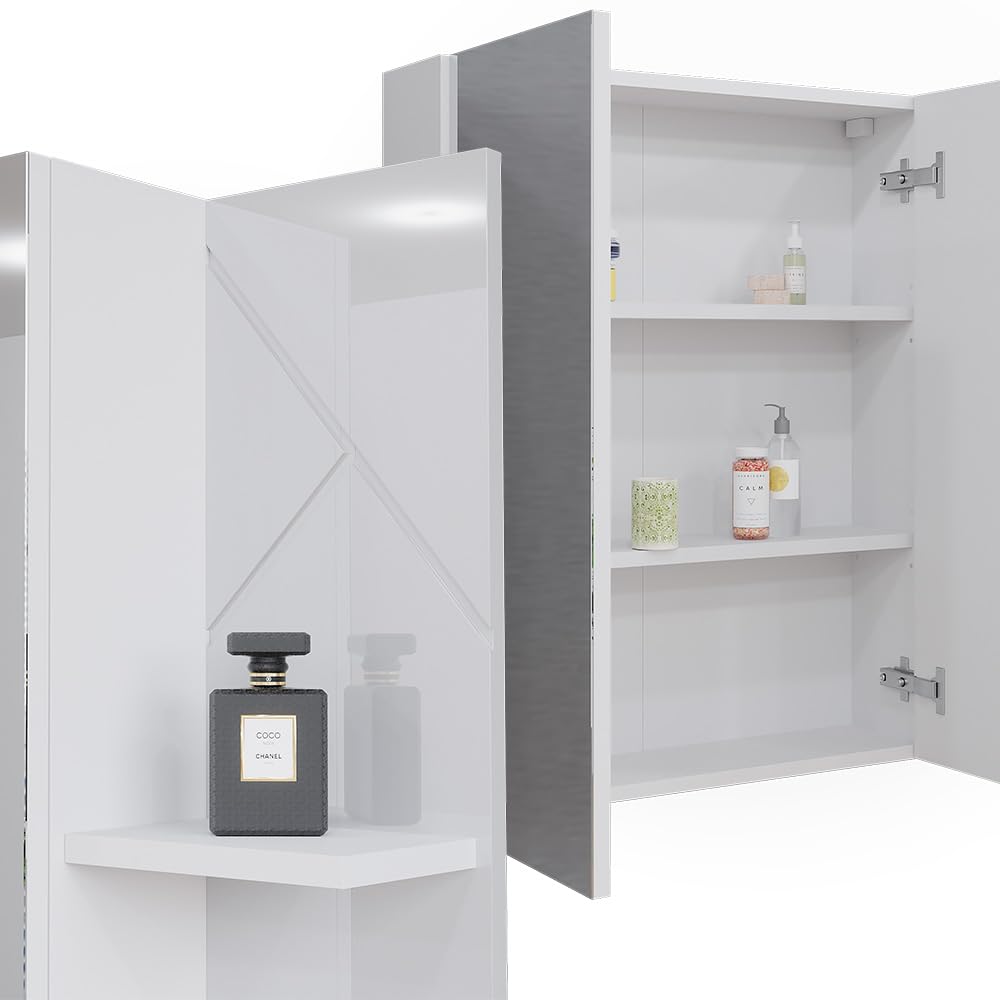Vicco Mobile a specchio per il bagno Irma, Bianco/bianco lucido, 80 x 75 cm, per montaggio a parete con ripiani aperti e specchio