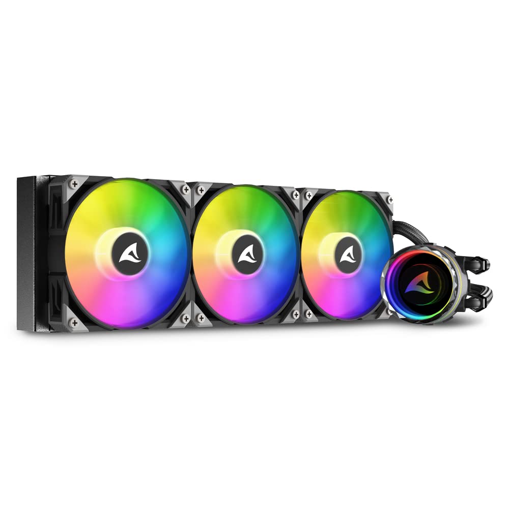 SharkoonS90 RGB 360mm AIO Liquid CPU Cooler, 120mm Addressable RGB PWM Fans, 600~2,000 rpm Fan Speed, 77.7 CFM Airflow, 12x Addressable RGB LED, LGA 1700 / AM5 - Black