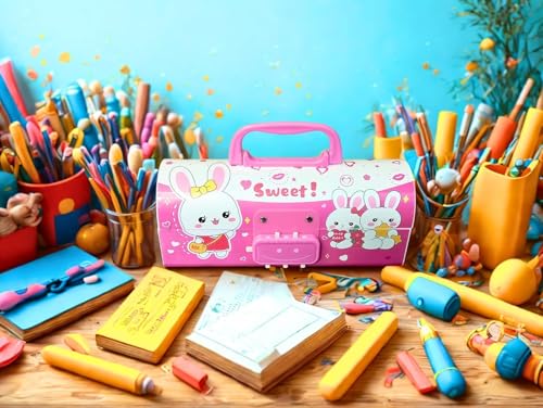 Image of WORSHIPER New Cartoon Theme Pencil Box with Push Pull Eraser Set for Kids | Suitcase Style Password Lock Stationery Organizer | School Supplies Gift Combo for Boys & Girls (Sweet Pink + Eraser)