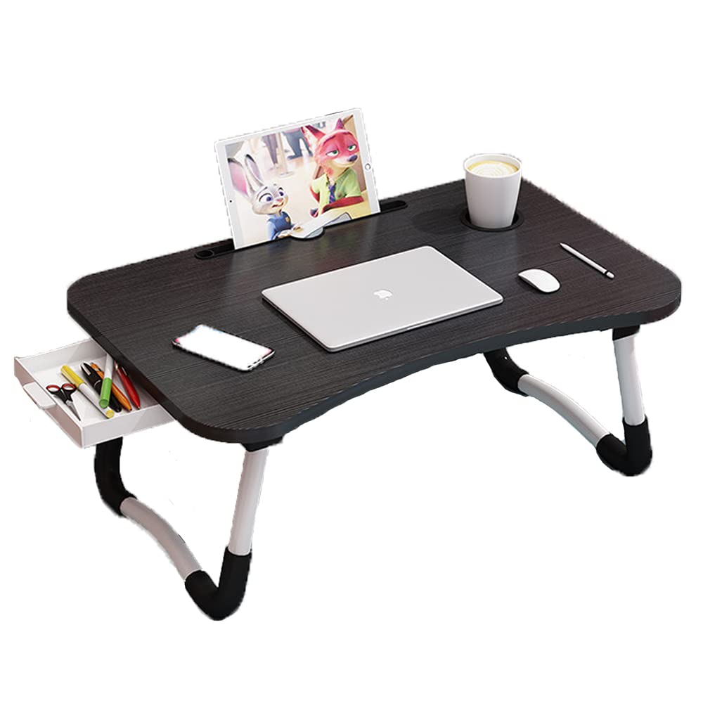 Laptop Desk Bed Stand Foldable Laptop Table Folding Breakfast Tray Portable Lap Standing Desk Reading and Writing Holder with Drawer for Bed Couch Sofa Floor (Black)