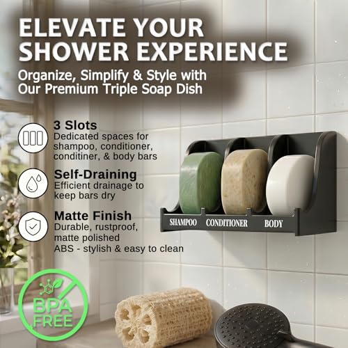 Image of Soap Holder for Shower Wall, 3-Compartment Soap Dish [Patent Pending] | For Shampoo, Conditioner and Body Soap, Fast Draining & Rust-Proof, Strong Adhesive for Long-Term Bathroom Use & Freestanding