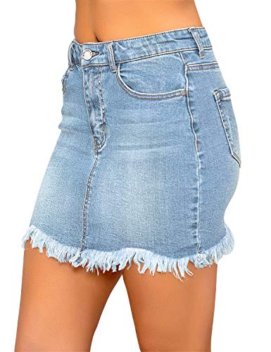 Luvamia Women'S Casual Mid Waisted Washed Fringed Pockets Denim Jean Short Skirt Blue Size Large thumb #2