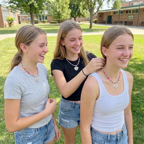 Image of Big Middle Little Sister Mom 2 Daughters Heart Colorful Beaded Necklaces | 3Pcs matching sister pendant set, meaningful friendship & family jewelry, ideal gift for BFF, sisters, mom & daughter