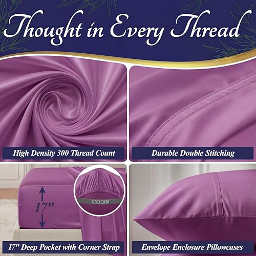 Image of DECOLURE 100% Viscose Derived from Bamboo Sheets Queen Size - Luxury 4 Pc Naturally Cooling Sheets, Ultra Soft Bed Set - Deep 17 inch Pockets, Durable Double Stitching, Oeko Tex Standard (Purple)