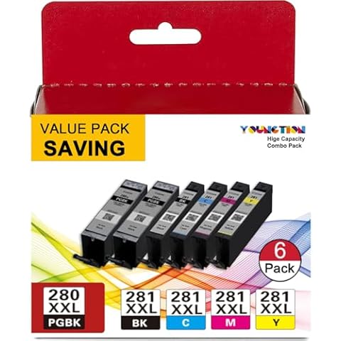 PGI-280XXL CLI-281XXL (6-Pack, 2PGBK/1BK/1C/1M/1Y) Compatible Canon 280 281 Ink Cartridges Replacement for Canon Ink 280 and 281 cartridges with PIXMA TR8620 TR8620a TR8520 TS9120 TR8500 Printer Cover