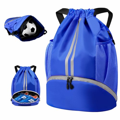Image of BROTOU Unisex Drawstring Backpack, Waterproof Gym Bag, Large Oxford PE Pack, Students School Backpack, Durable Sports Ball Bag, with Shoe Bag (A, Royal Blue)