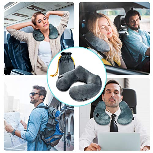 Purefly Inflatable Travel Pillow Soft Velvet Neck Support Pillows for Airplanes Car and Home Washable Cover with Portable Pack sack - Thumbnail 2