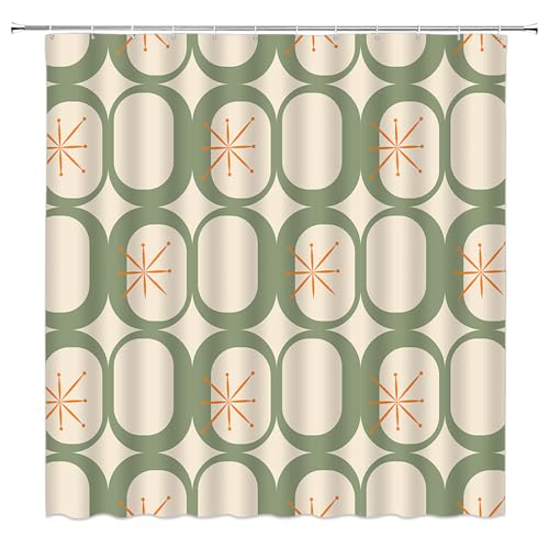 WANVYON Mid Century Shower Curtain Modern Abstract Atomic Starbursts Squares Retro 50s Geometric Bathroom Decor Polyester Curtains with Hooks