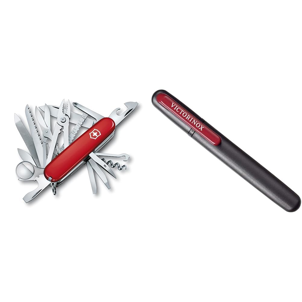 Victorinox Swiss Champ Couteau de Poche Suisse, Léger, Multitool, 33 Fonctions, Lame, Ciseaux, Tire Bouchon, Rouge & Aiguisoir Double pour Couteaux, Swiss Made, Portable, Noir/Rouge