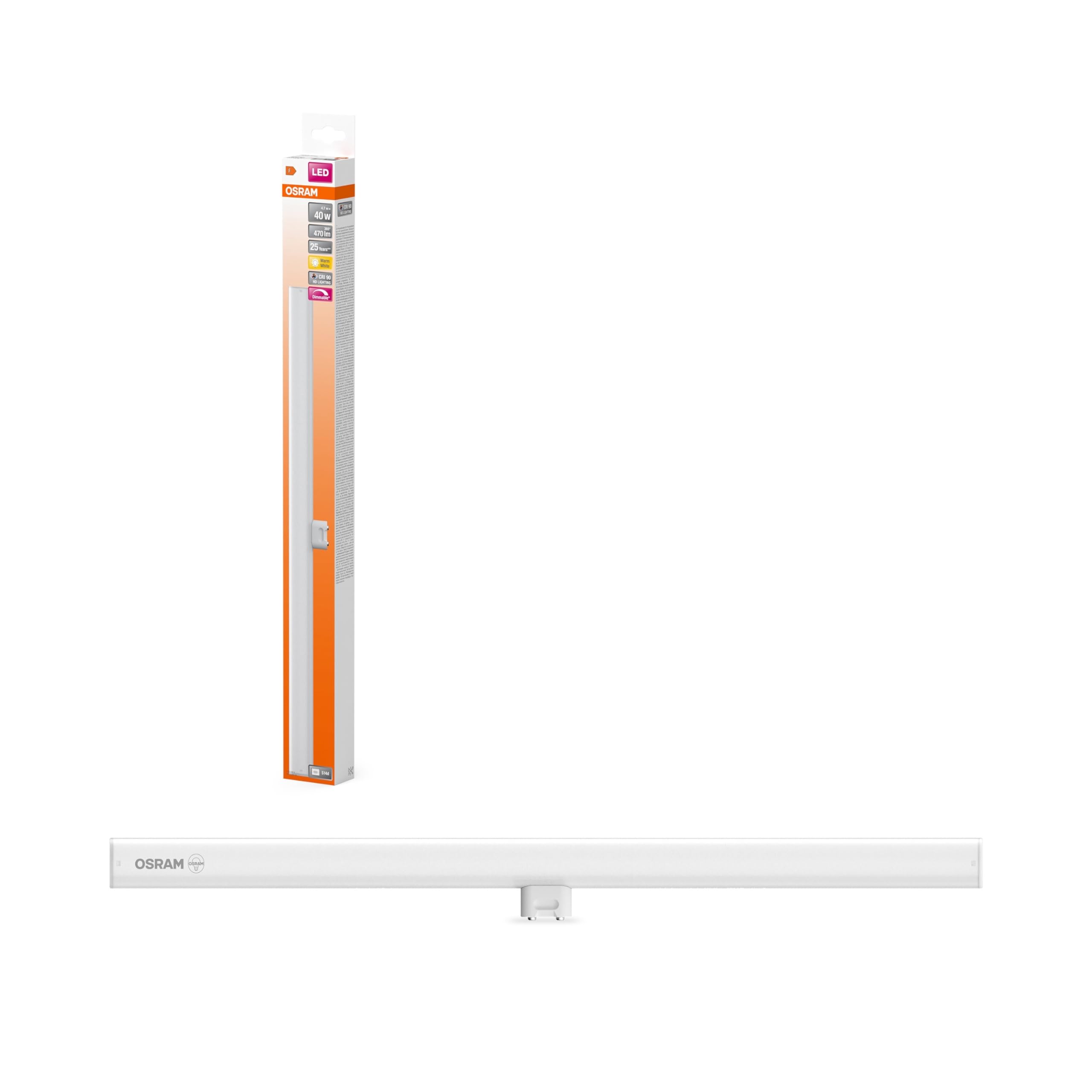 OSRAM LEDinestra Frosted Plastic Rod, S14d Socket, Dimmable, Warm White 2700K, Length 50 cm, 4.7 W, 470 Lumens, Excellent Colour Rendering with CRI 90, EEK F.