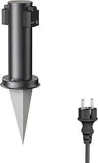 ledscom.de Kolumna ogrodowa z gniazdem wtykowym PORU z ostrzem do wbijania w ziemię i kablem 2 m do użytku na zewnątrz, 2-krotna, stal nierdzewna, czarna, okrągła, 27 cm