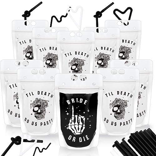 Domensi 16 Pcs Bride or Die Bachelorette Party Drink Pouches with Straws 15oz Reusable Drink Pouches Till Death Do Us Party for Gothic Halloween Adults Alcohol Bachelorette Cups Favors