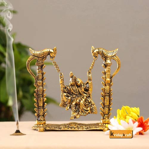 Image of KridayKraft Radha Krishna on Swing jhula Gold Plated Metal Statue Decor Your Home, Office (Medium)