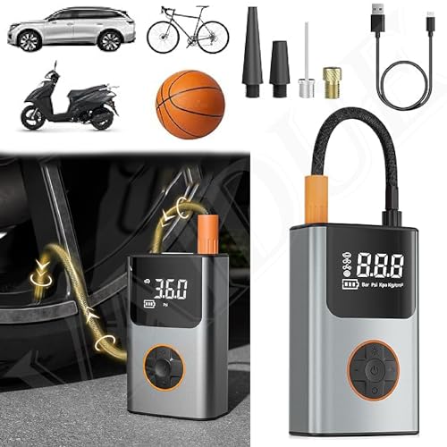NAXUE Tyre Inflator Pump compressor for Car, Bike, Cycle, Football | 300 Psi Portable Electric Tyre Air Inflator Pump | Rechargeable Battery Wireless Digital Cordless | 2*2000 mAh | LED Light | Type C