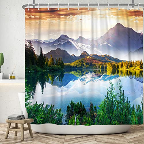 ASDCXZ Landschaft Duschvorhang 180x200 cm, Naturlandschaft Spektakulär See & Berg Grün Wald Bad Waschbar Duschvorhänge Polyester Textil Wasserdicht Badevorhang für Badewanne mit 12 Haken