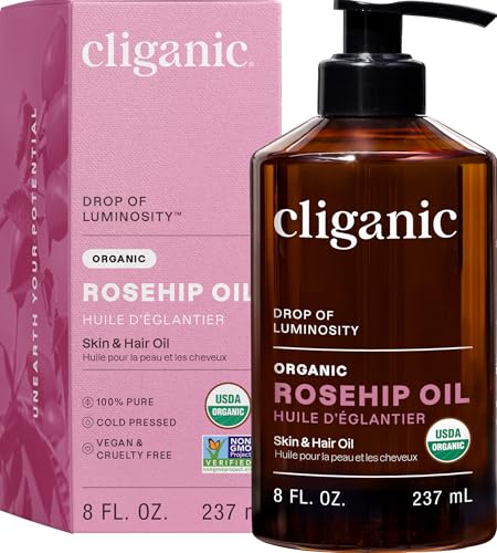 Cliganic Organic Rosehip Seed Oil for Face, 100% Pure | Natural Cold Pressed Unrefined Non-GMO | Carrier Oil for Skin, Hair &amp; Nails (Packaging May Vary)