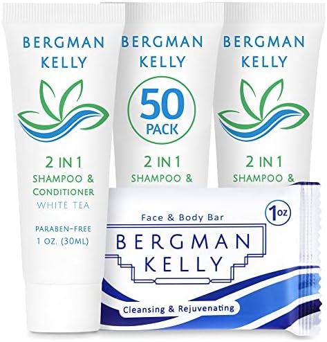 BERGMAN KELLY Rectangle Soap Bars, 2in1 Shampoo & Conditioner 2-Piece Set (White Tea, 1 oz each, 100 pc), Delight Your Guests with Revitalizing & Refreshing Sanitary Toiletries & Hotel Amenities