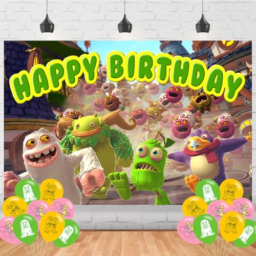 Singing Monsters Birthday Party Decorations Singing Monsters Banner Theme Party Decorations for Boys Girls Indoor Outdoor Birthday Party Supplies Backdrop 5 * 3FT)