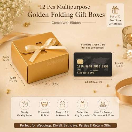 Image of Divyakosh 12 Pcs Multipurpose Golden Folding Gift Boxes with Ribbon|Decorative Empty Boxes for Wedding, Diwali, Birthday & Party Return Gifts|Paper Boxes for Sweets, Chocolates