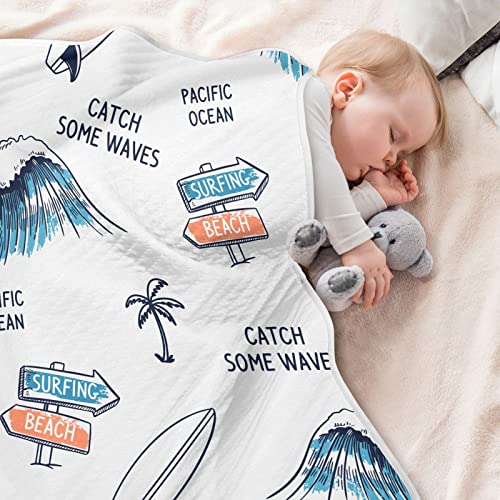 Image of vvfelixl Swaddle Blanket Surfboard Palm Trees Waves Cotton Blanket for Infants, Receiving Blanket, Lightweight Soft Swaddling Blanket for Crib, Stroller, Nursery Blankets, Light Gray, 30 /'' x 40 /''