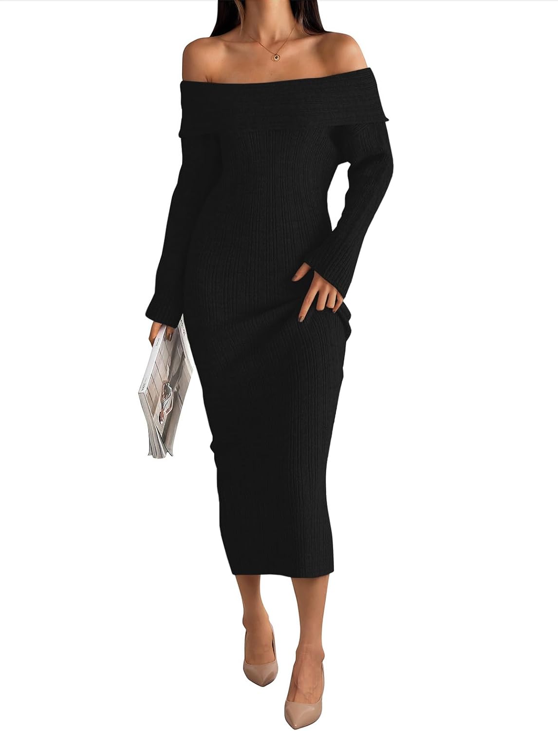 LILLUSORY Women Fall Off The Shoulder Baby Shower Midi Sweater Dress Wedding Guest Long Sleeve Bodycon Date Night Outfit