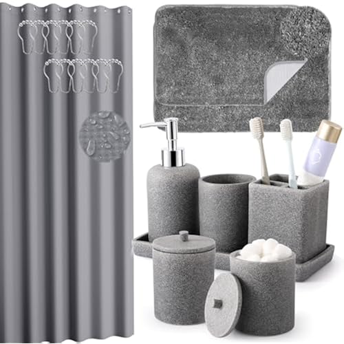XLHOMO Gray Bathroom Accessory Set with Shower Curtain and Rugs, Resin