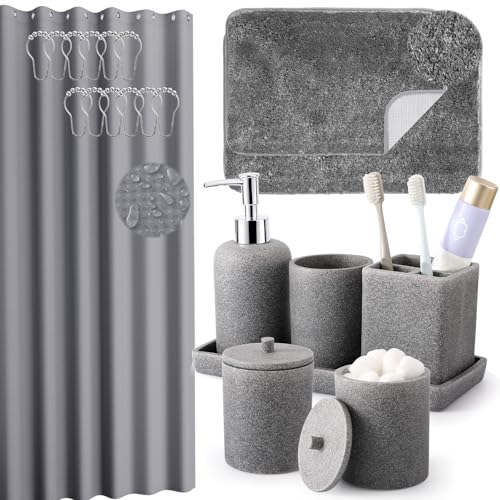 XLHOMO Gray Bathroom Accessory Set with Shower Curtain and Rugs, Resin